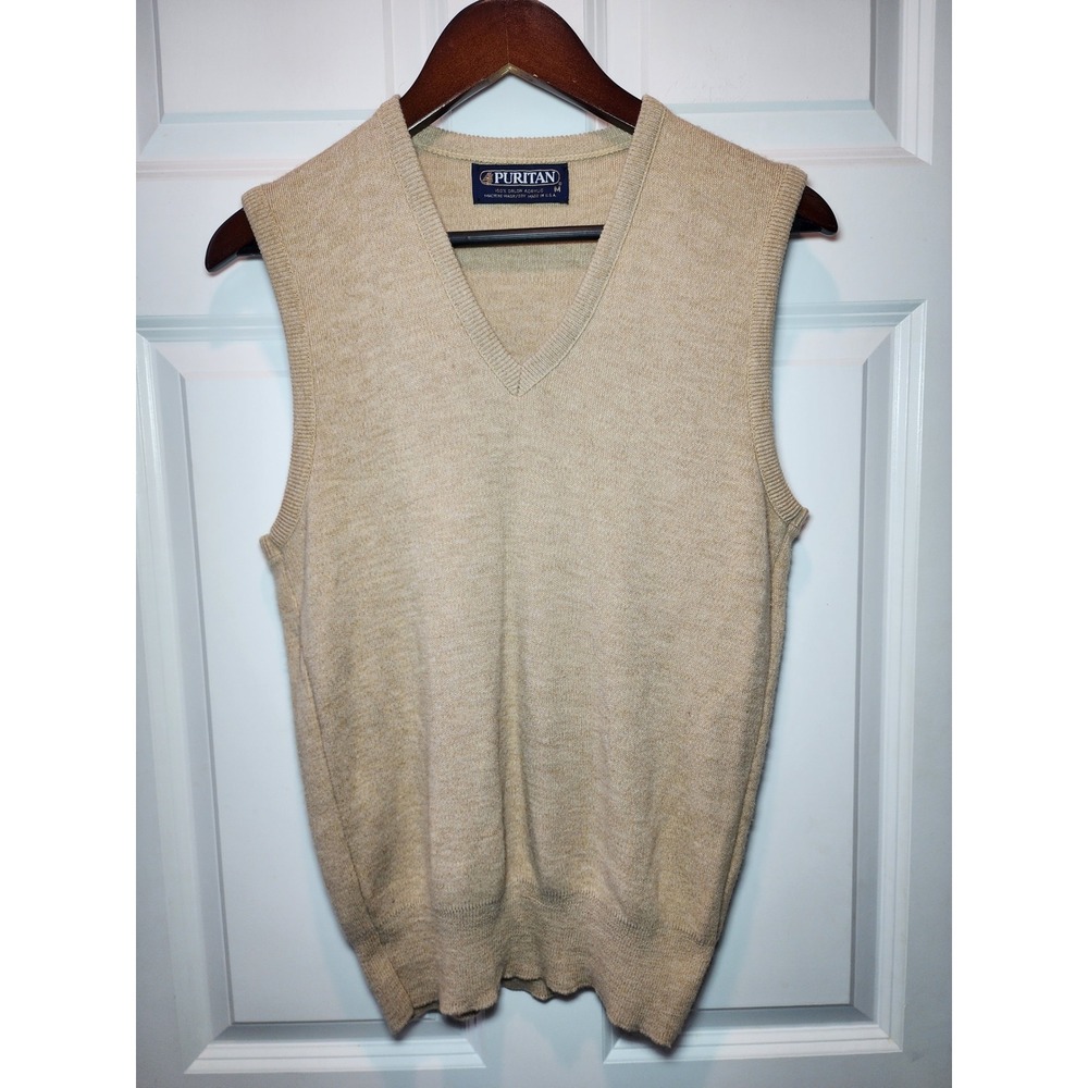 Vintage Puritan Mens V-Neck Sweater Vest Tan Orlon Acrylic 80s Made in USA Med